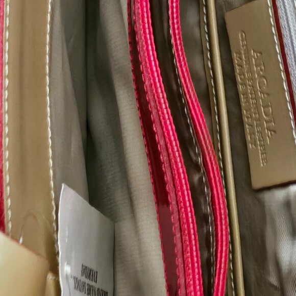 Arcadia Red Logo Embossed Leather Tan Trim Double Handle Tote Bag - Picture 3 of 7